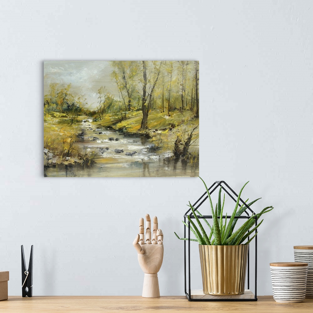 A bohemian room featuring Brook with stones, originally an oil painting, artistic background.
