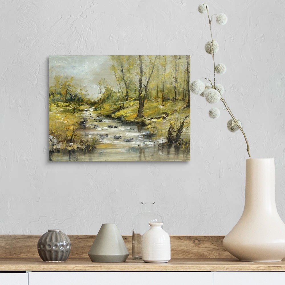 A farmhouse room featuring Brook with stones, originally an oil painting, artistic background.