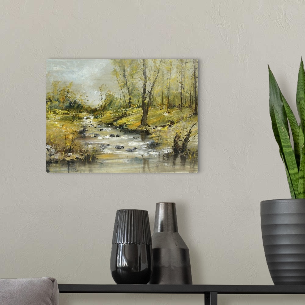 A modern room featuring Brook with stones, originally an oil painting, artistic background.