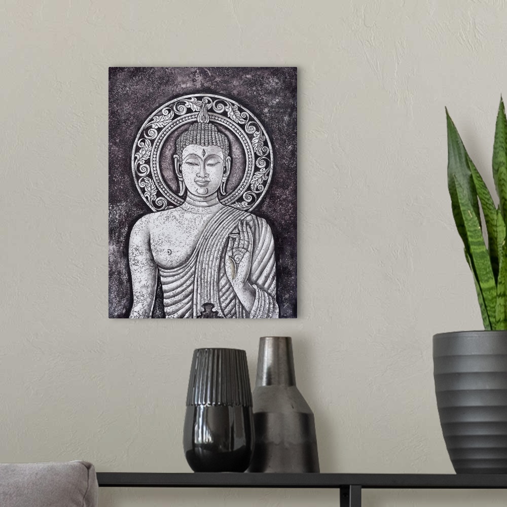 A modern room featuring Buddha statue, originally an acrylic painting on canvas.