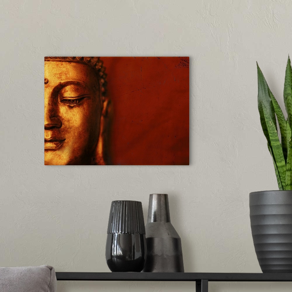 A modern room featuring Buddha Face With Red Background