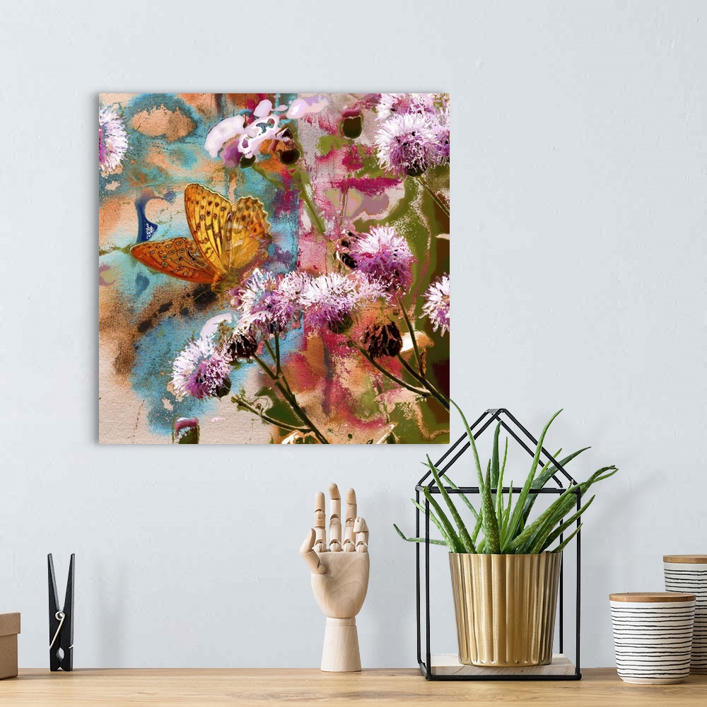 A bohemian room featuring Butterfly on thistle flowers. Originally an abstract, mixed media painting on handmade paper.