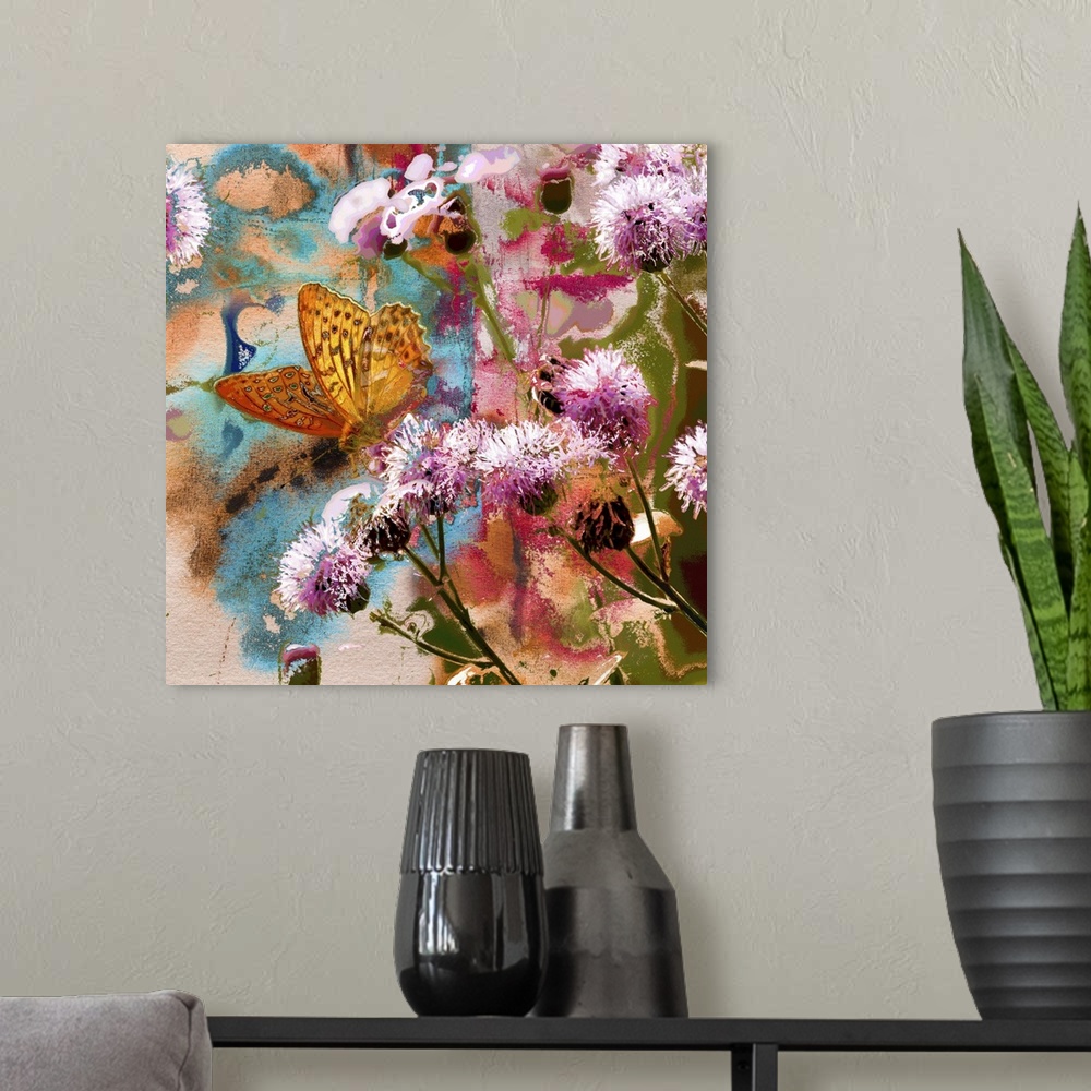 A modern room featuring Butterfly on thistle flowers. Originally an abstract, mixed media painting on handmade paper.