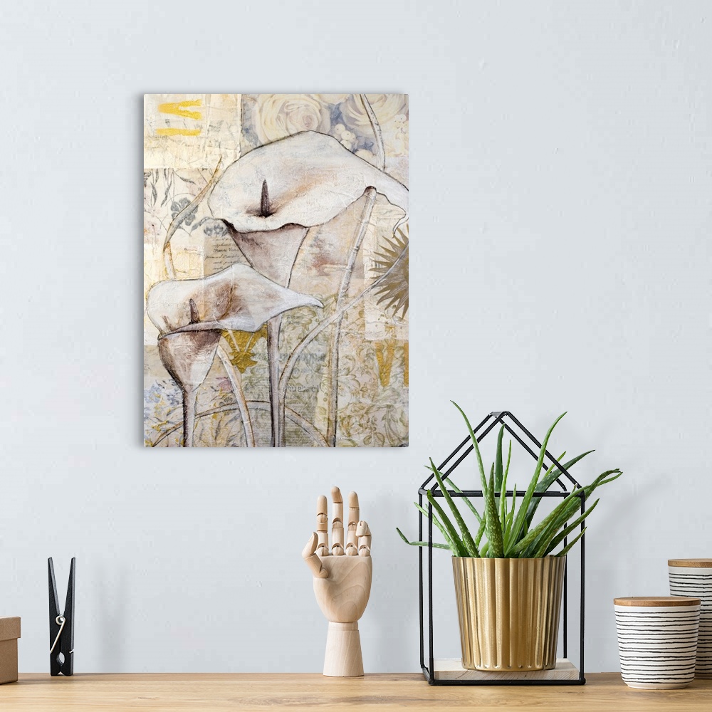 A bohemian room featuring Painted calla lily on collage background.