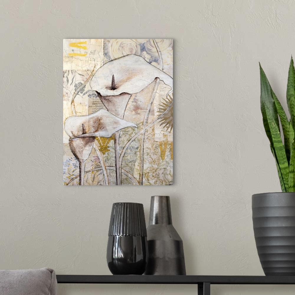 A modern room featuring Painted calla lily on collage background.