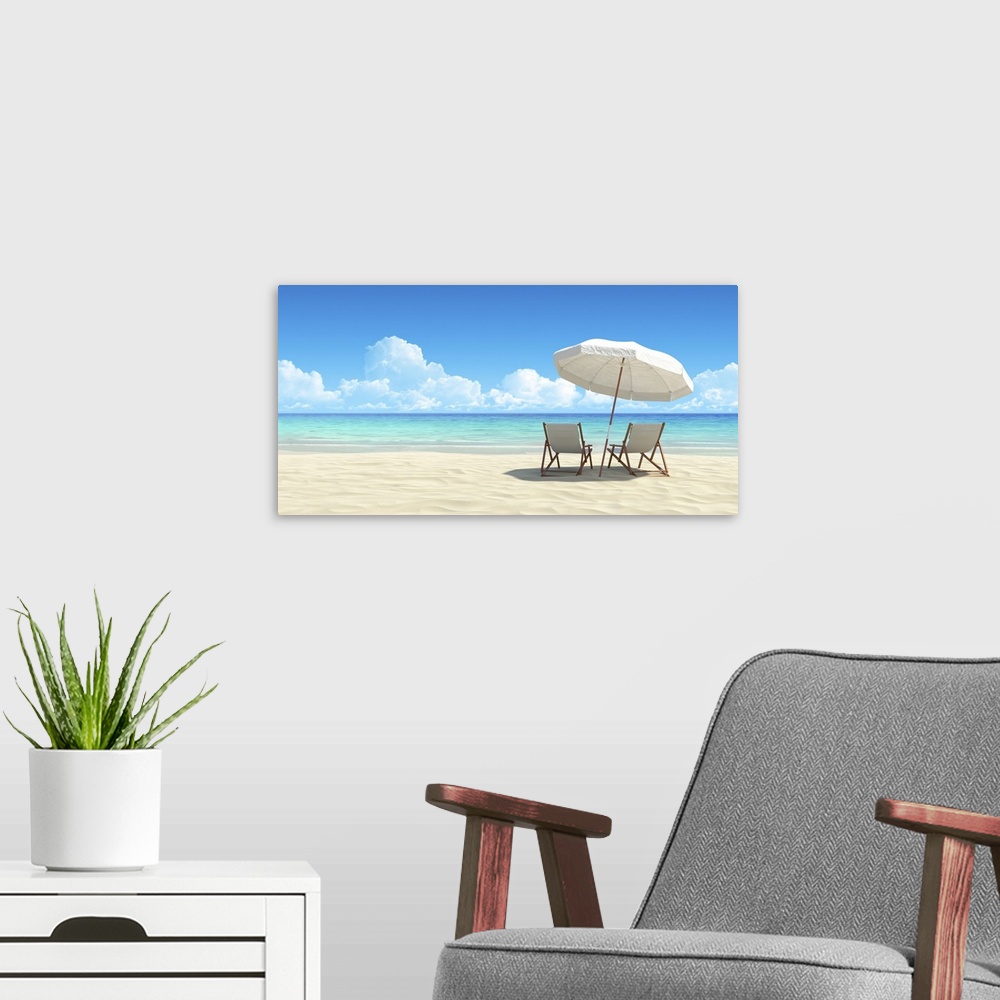 A modern room featuring Beach chair and umbrella on sand beach. Concept for rest, relaxation, holidays, spa, resort.