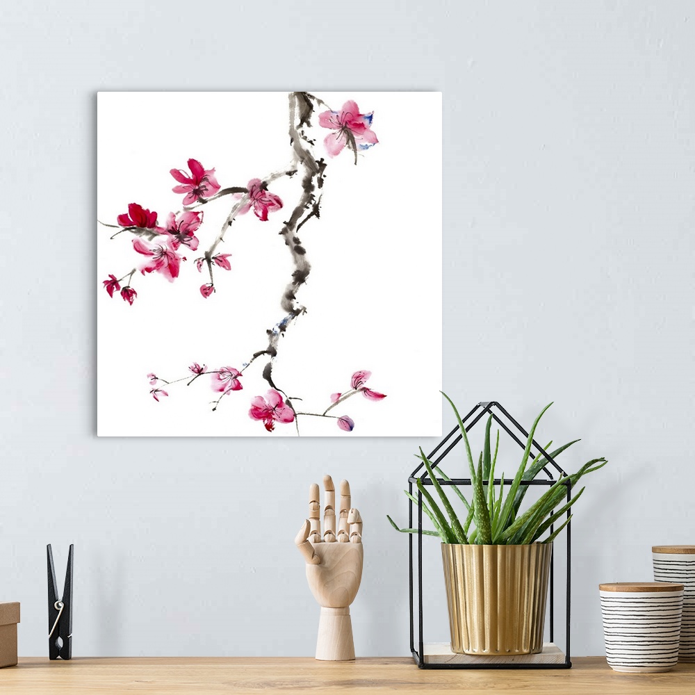 A bohemian room featuring Chinese painting of flowers, plum blossom, on white background.