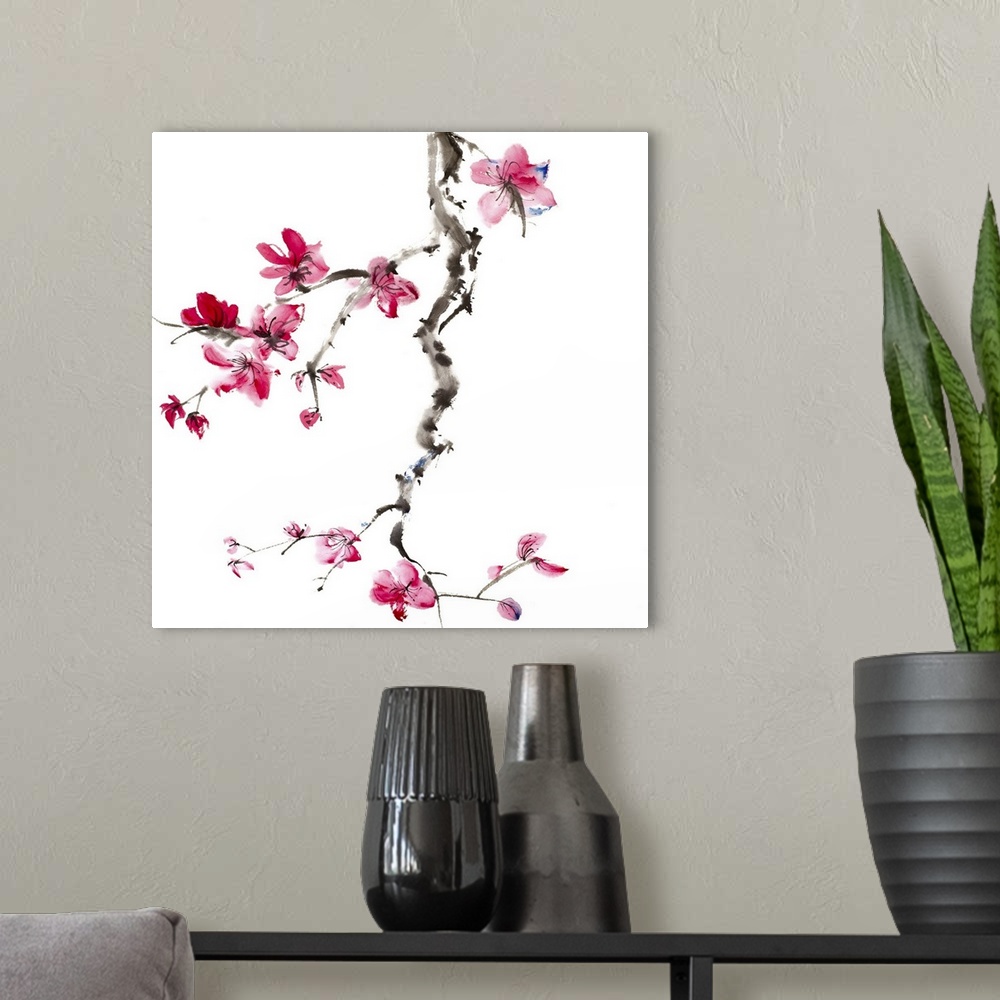 A modern room featuring Chinese painting of flowers, plum blossom, on white background.