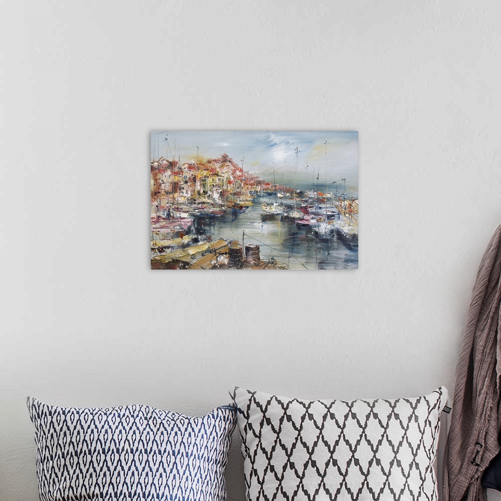 A bohemian room featuring City by the sea and harbor, originally an oil painting of an artistic background.