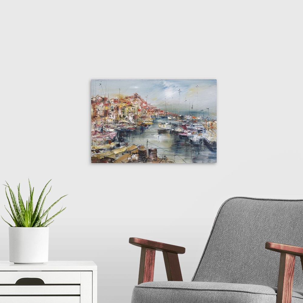 A modern room featuring City by the sea and harbor, originally an oil painting of an artistic background.