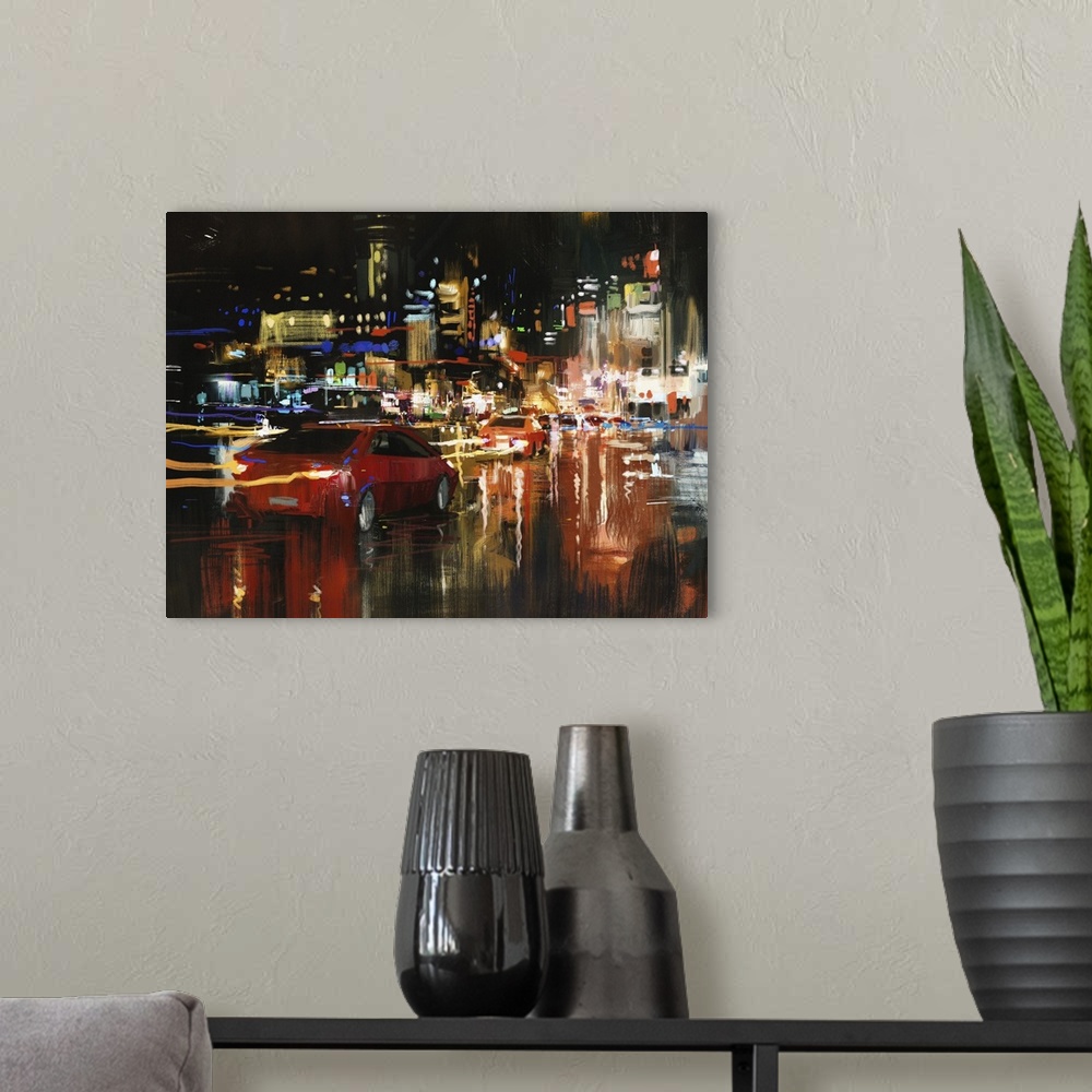 A modern room featuring Originally a digital painting of city street at night with colorful lights.