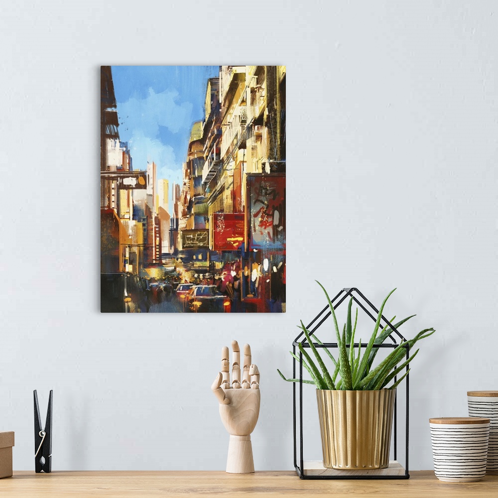 A bohemian room featuring Colorful painting of city street on sunny day.