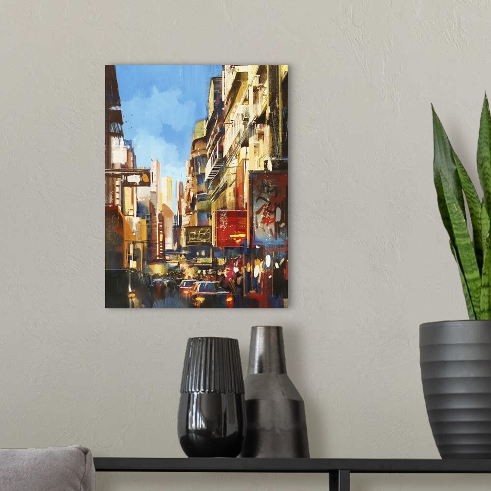 A modern room featuring Colorful painting of city street on sunny day.