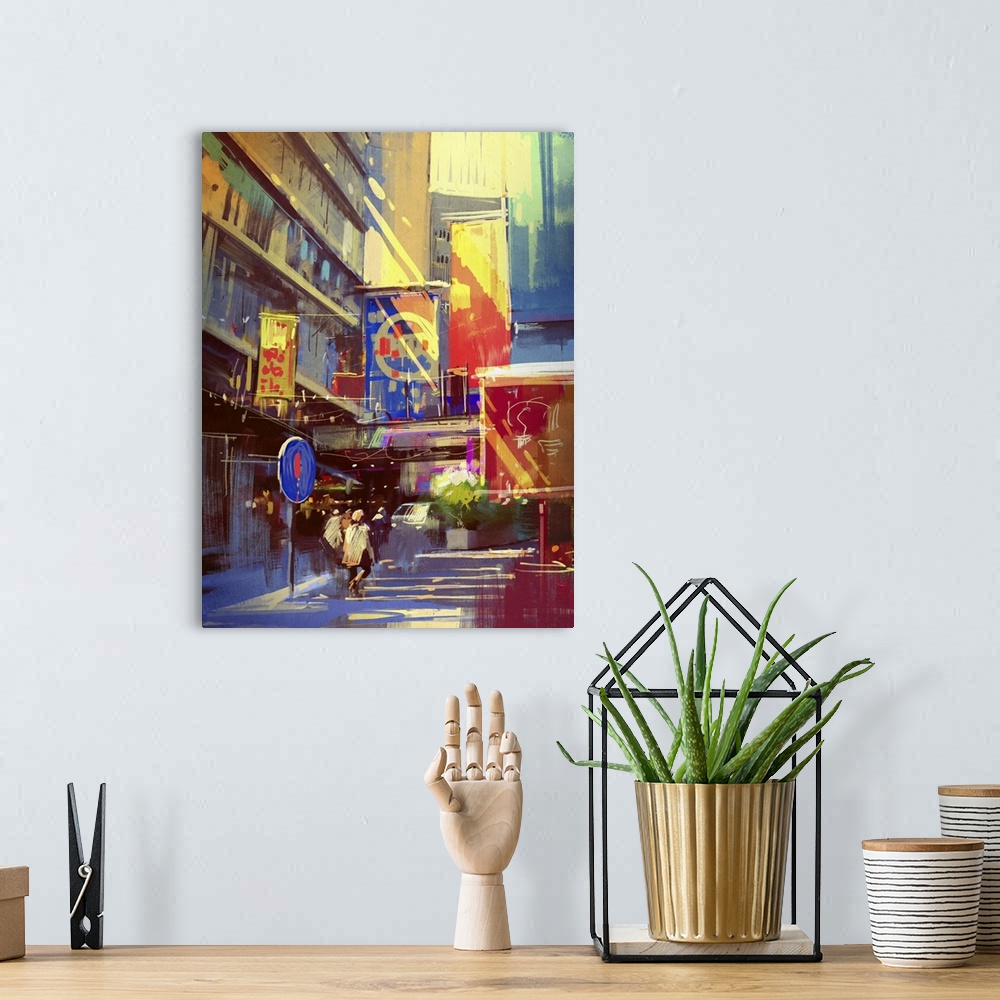 A bohemian room featuring Cityscape with colorful buildings. Colorful painting of urban city. Originally an illustration.