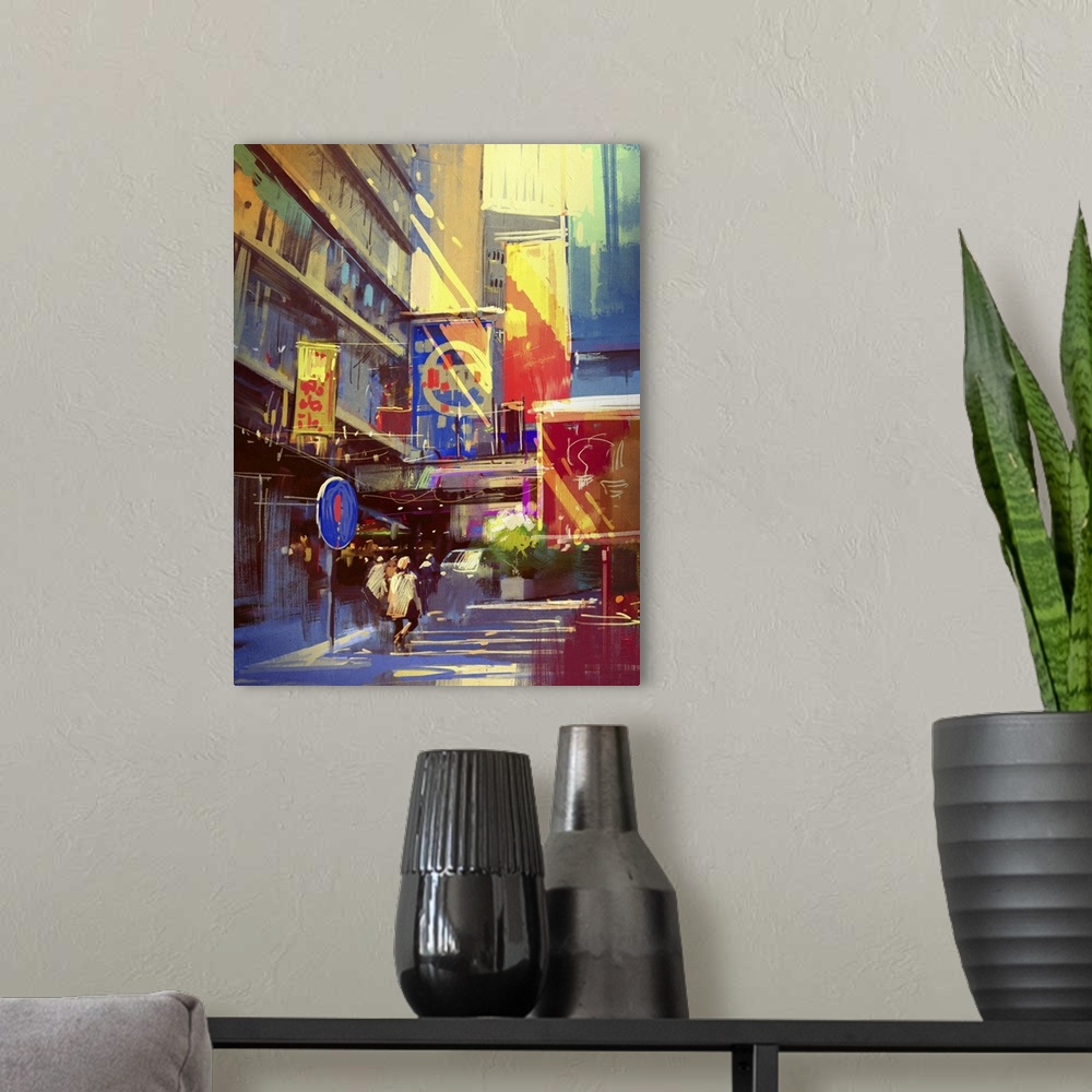 A modern room featuring Cityscape with colorful buildings. Colorful painting of urban city. Originally an illustration.