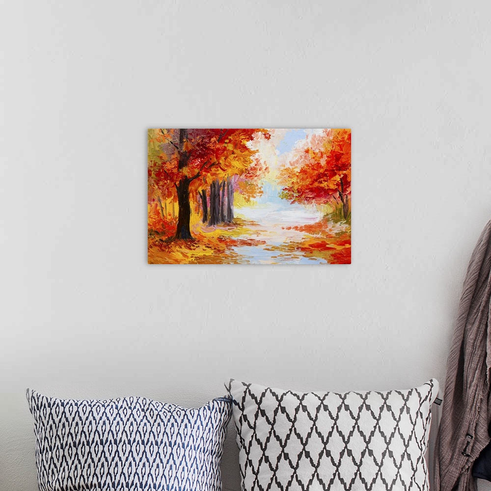 A bohemian room featuring Originally an oil painting landscape - colorful autumn forest. Abstract.