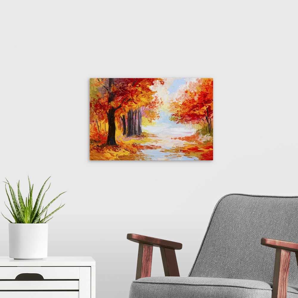 A modern room featuring Originally an oil painting landscape - colorful autumn forest. Abstract.