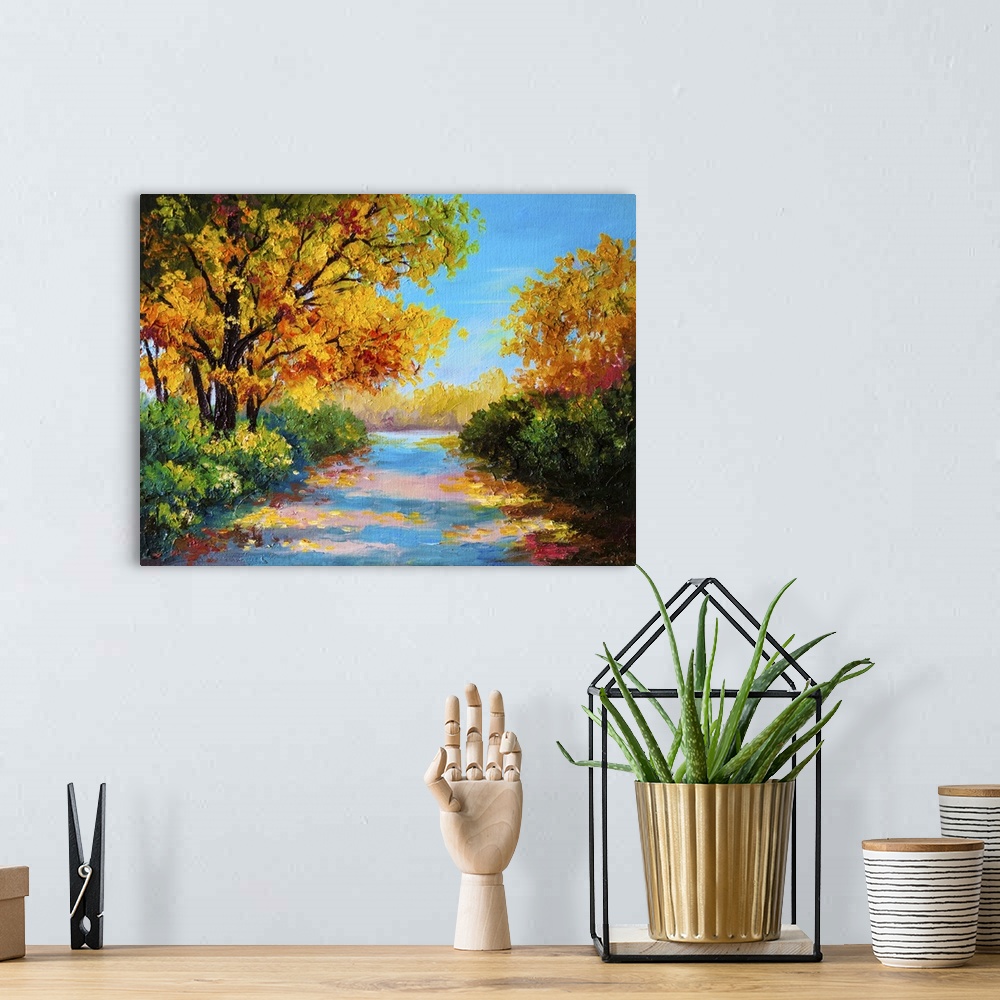 A bohemian room featuring Originally an oil painting of a colorful autumn forest.