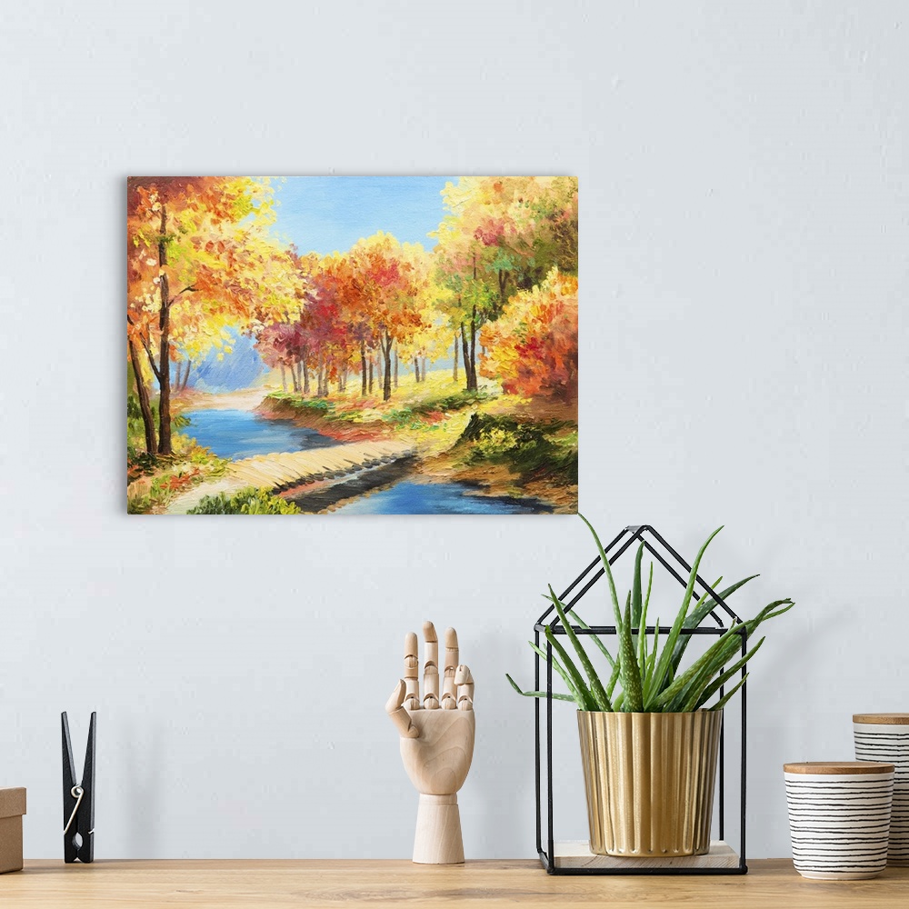 A bohemian room featuring Originally an oil painting landscape of a colorful autumn forest, beautiful river.