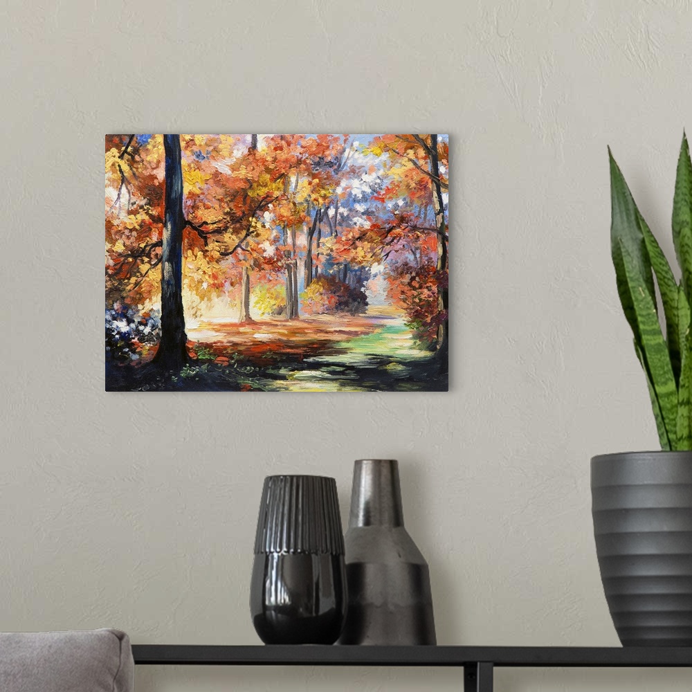 A modern room featuring Originally an oil painting landscape of a colorful autumn forest, beautiful river.