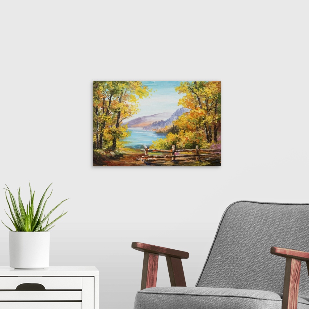 A modern room featuring Originally an oil painting landscape of a colorful autumn forest, mountain lake, impressionism.