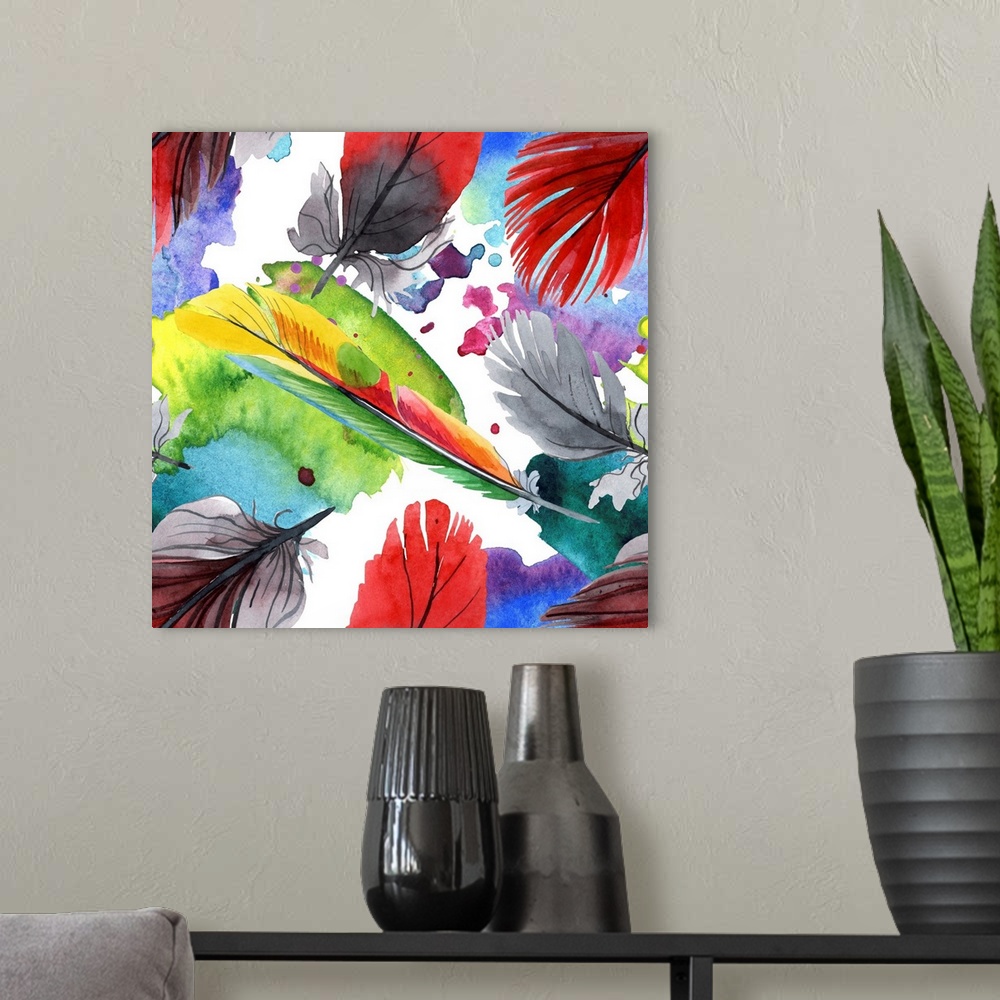 A modern room featuring Originally a watercolor of a colorful bird feather.
