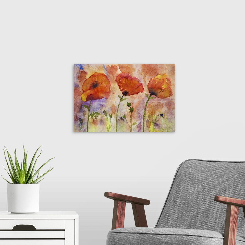 A modern room featuring Colorful poppies and buds. The dabbing technique near the edges gives a soft focus effect due to ...