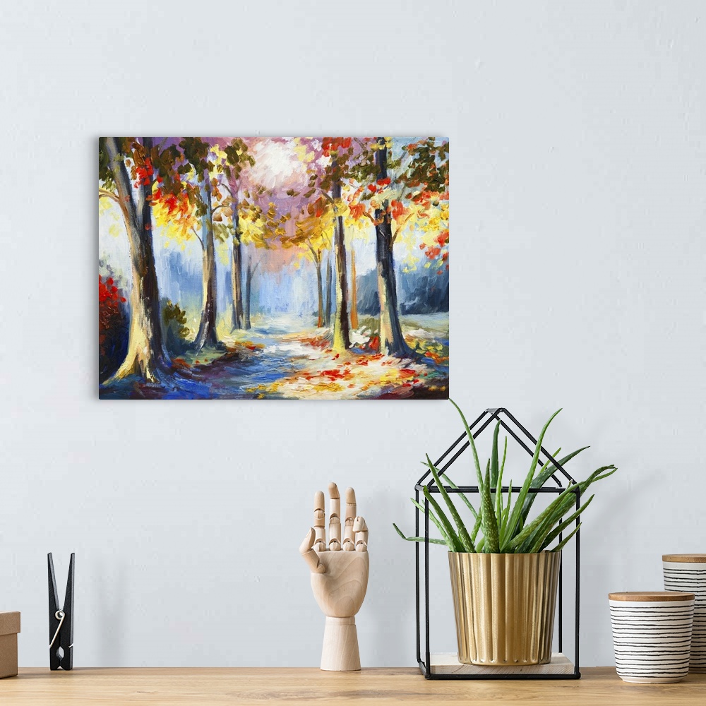 A bohemian room featuring Originally an oil painting of a colorful spring landscape, road in the forest.