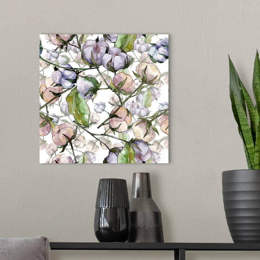 A modern room featuring Cotton floral botanical flower. Wild, spring, leaf and wildflower.
