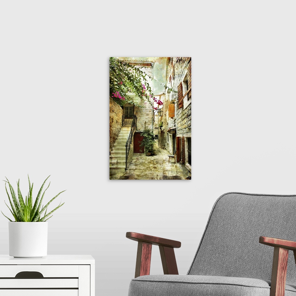A modern room featuring Courtyard of old Croatia - picture in painting style.