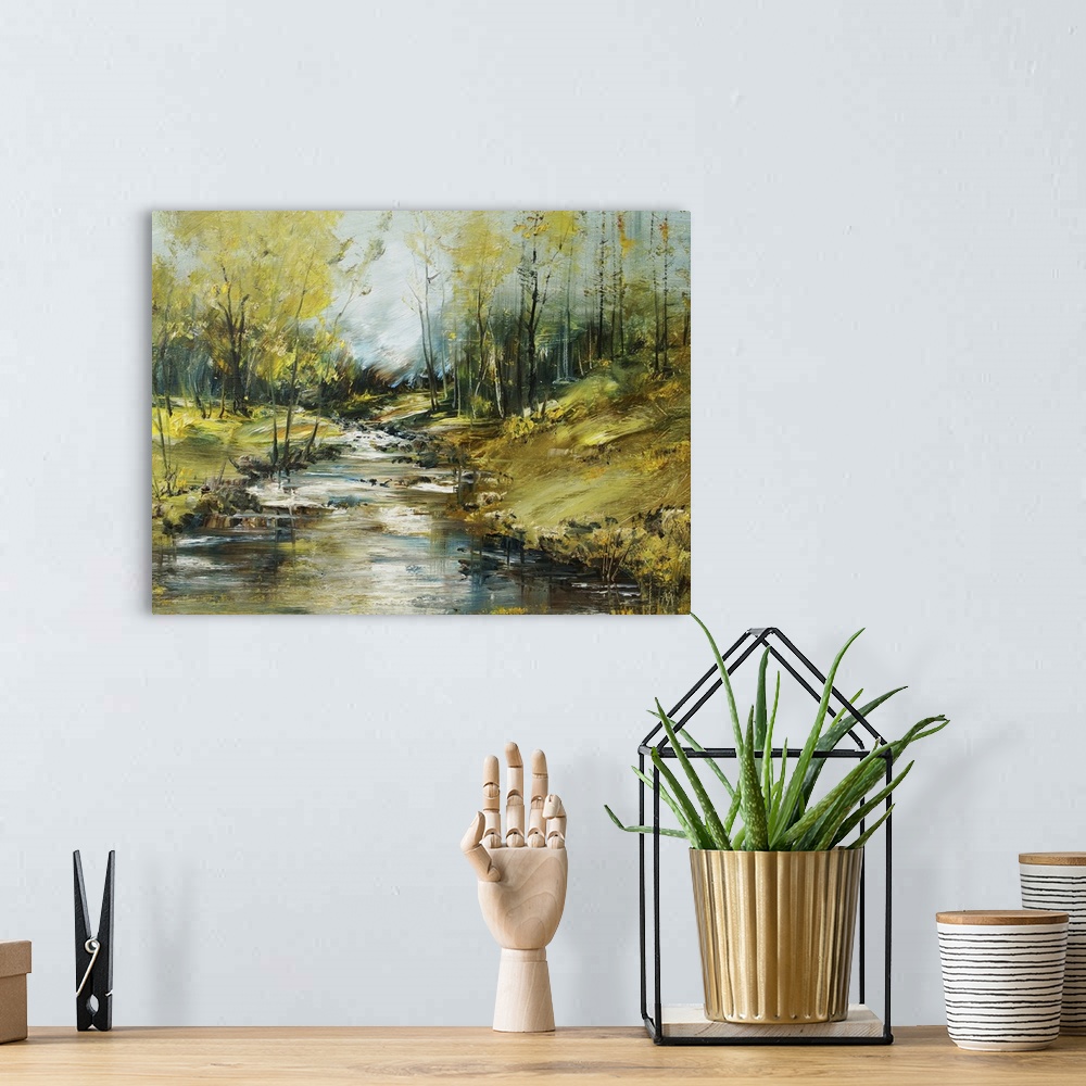 A bohemian room featuring Creek in the forest, originally an oil painting.