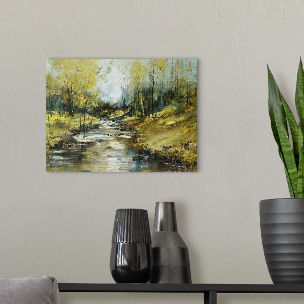 A modern room featuring Creek in the forest, originally an oil painting.