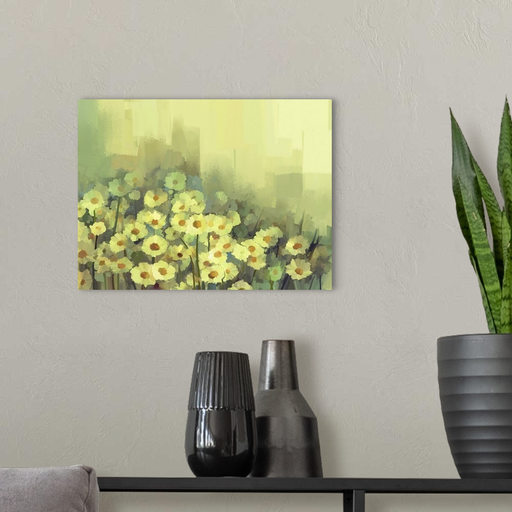 A modern room featuring Originally an oil painting of daisy-chamomile flowers field background.