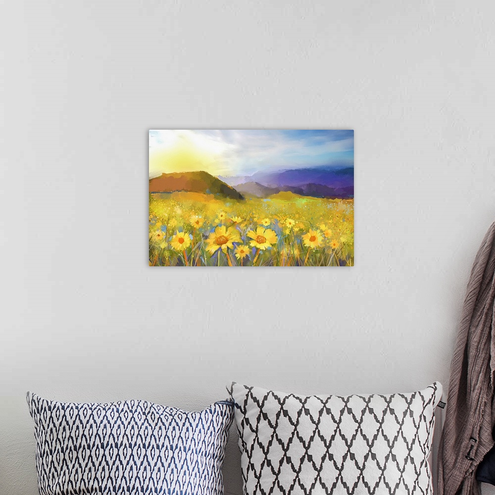 A bohemian room featuring Daisy flower blossom. Originally an oil painting of a rural sunset landscape with a golden daisy ...