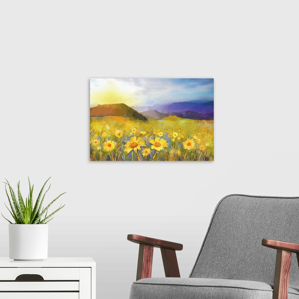 A modern room featuring Daisy flower blossom. Originally an oil painting of a rural sunset landscape with a golden daisy ...