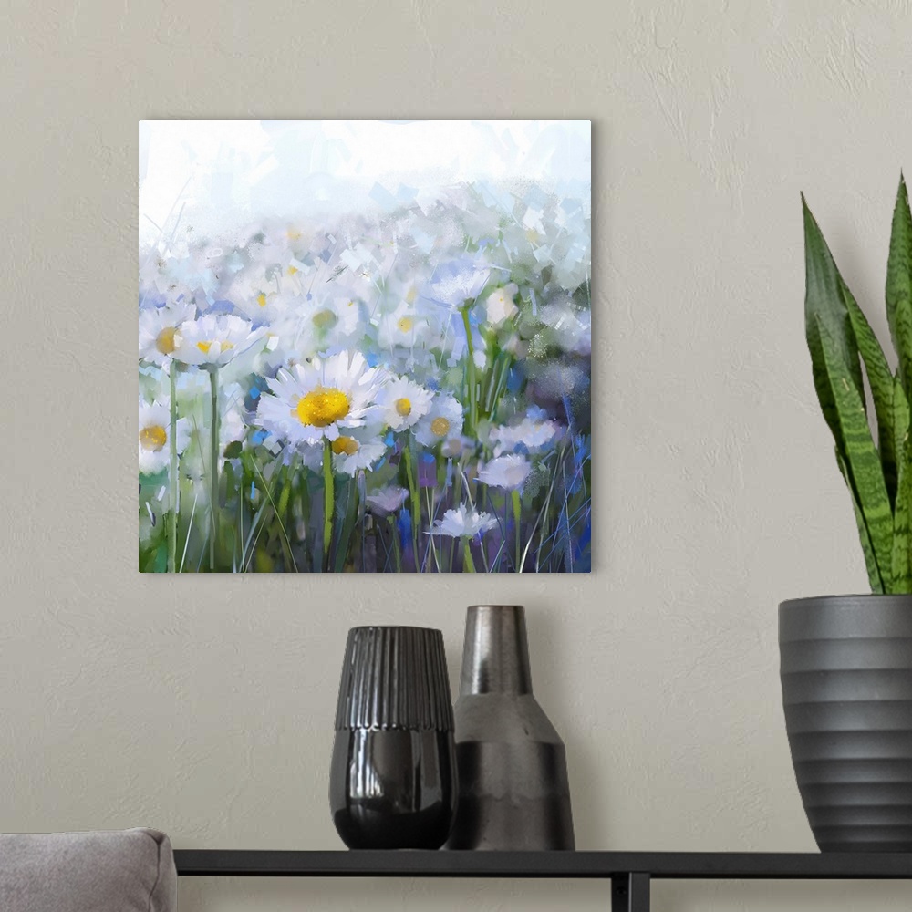 A modern room featuring Daisy flowers. Abstract flower oil painting.