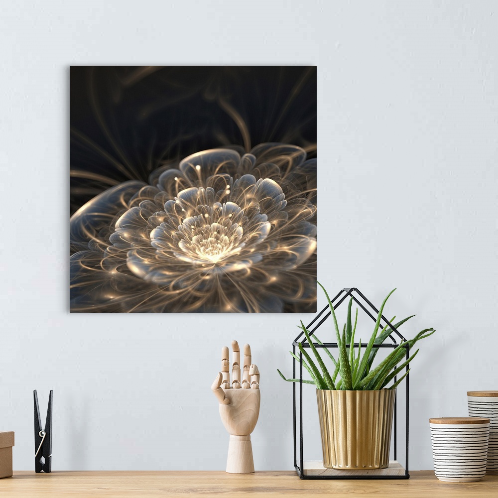 A bohemian room featuring Dark blue fractal flower with golden rays, originally an illustration.