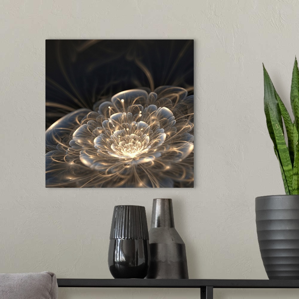 A modern room featuring Dark blue fractal flower with golden rays, originally an illustration.
