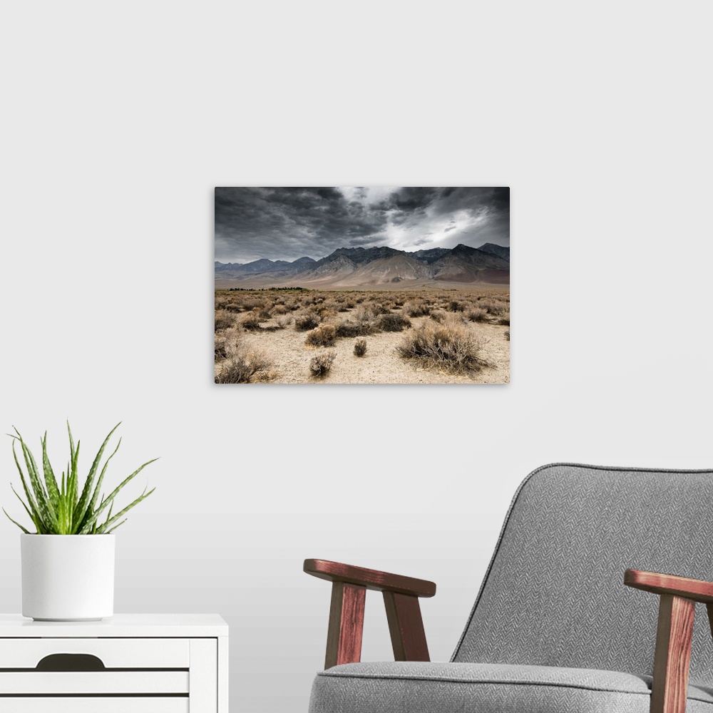 A modern room featuring Panoramic view of dark clouds in Death Valley National Park, Nevada, USA.