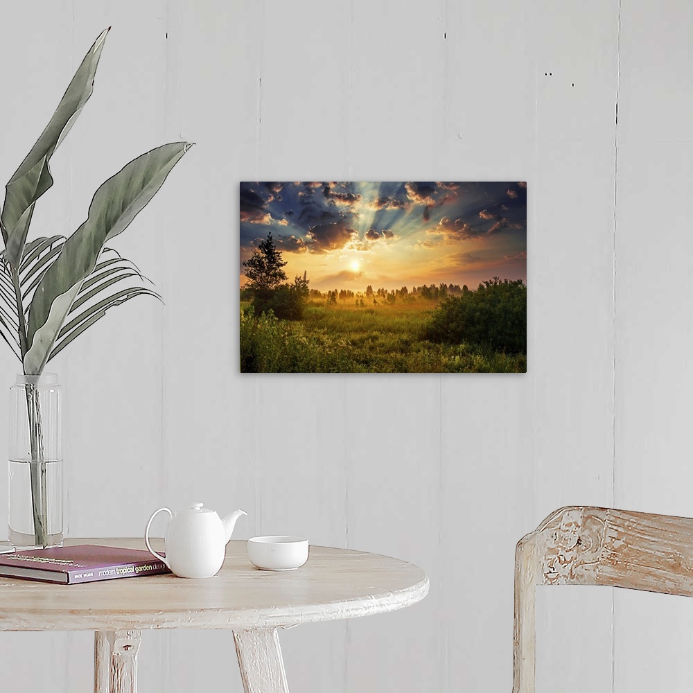 A farmhouse room featuring Summer landscape of sunny but foggy field at dawn.