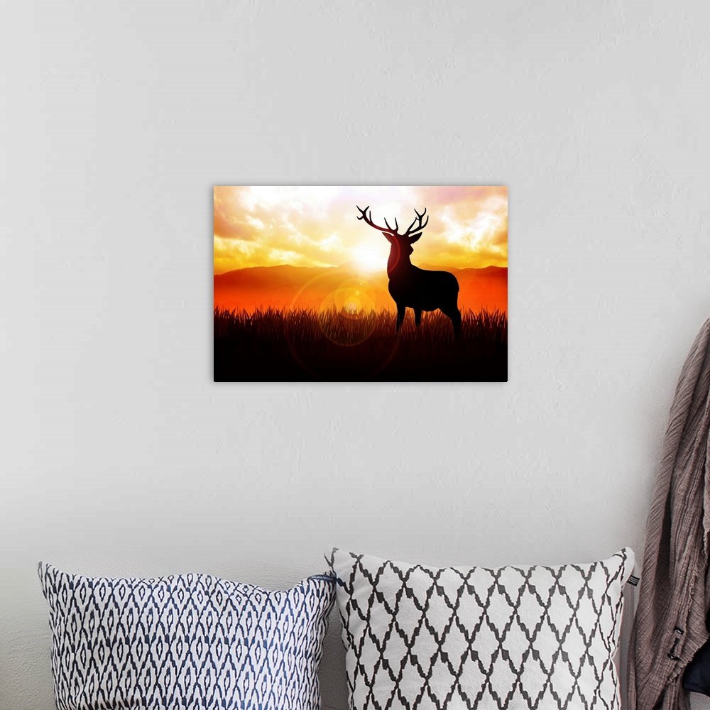 A bohemian room featuring Silhouette illustration of a deer on meadow during sunrise.