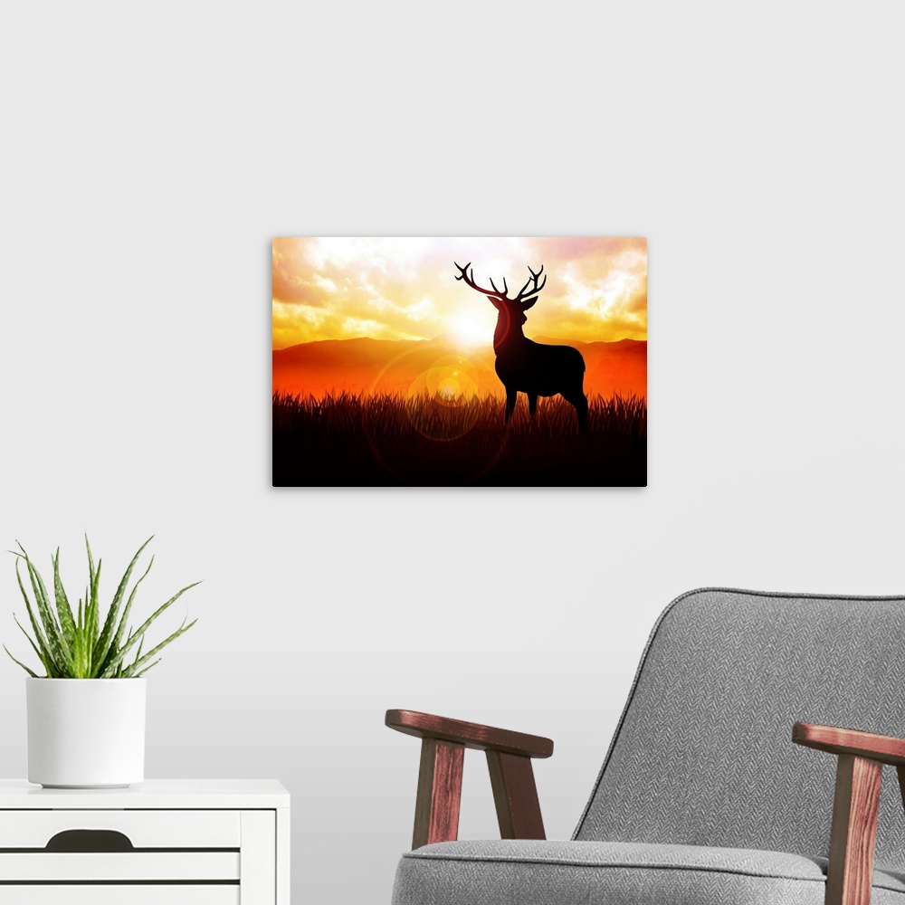 A modern room featuring Silhouette illustration of a deer on meadow during sunrise.