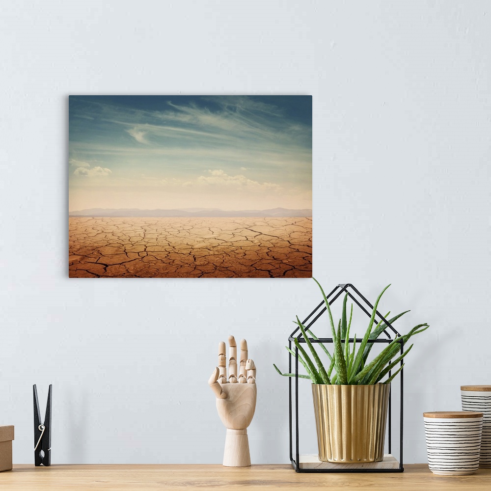A bohemian room featuring Desert landscape background - global warming concept.