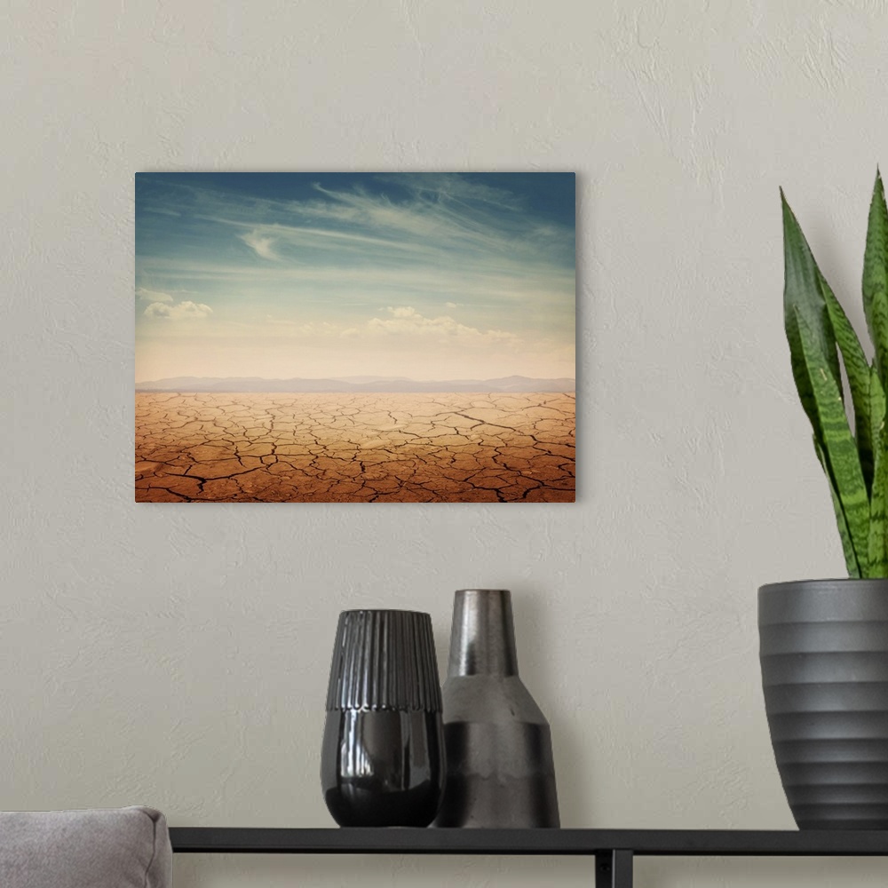 A modern room featuring Desert landscape background - global warming concept.