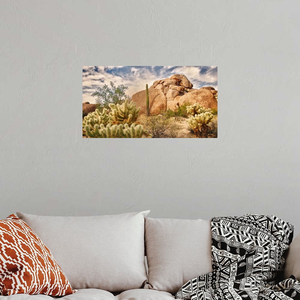 A bohemian room featuring Beautiful desert landscape with red rock buttes and glowing sky with little fluffy clouds.