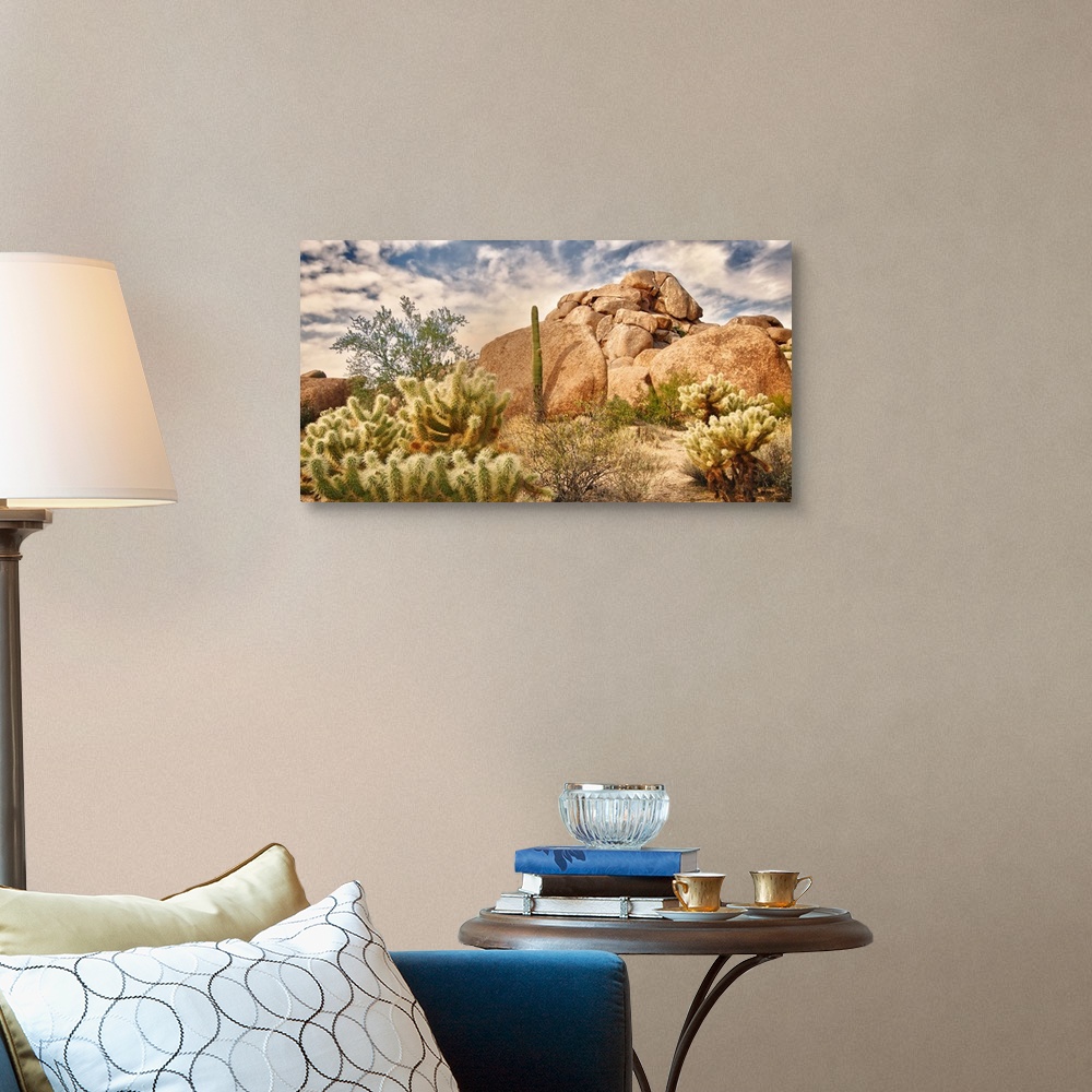 A traditional room featuring Beautiful desert landscape with red rock buttes and glowing sky with little fluffy clouds.