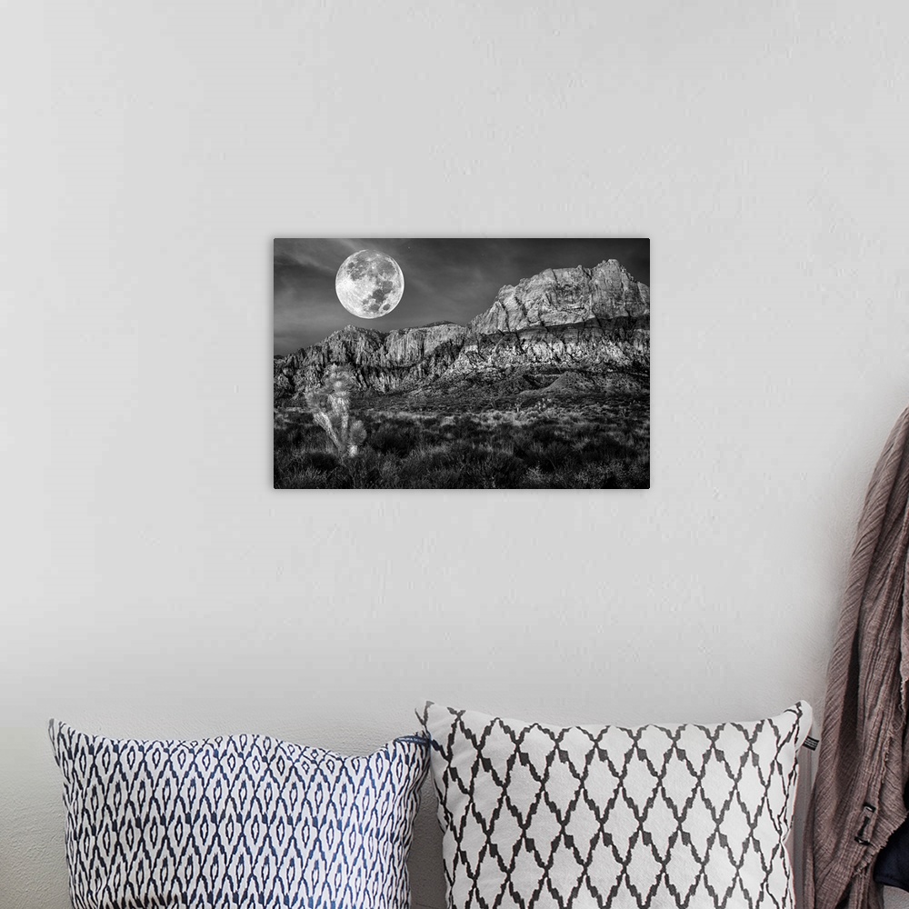 A bohemian room featuring Monochrome of desert mountains and Joshua trees under a full moon.