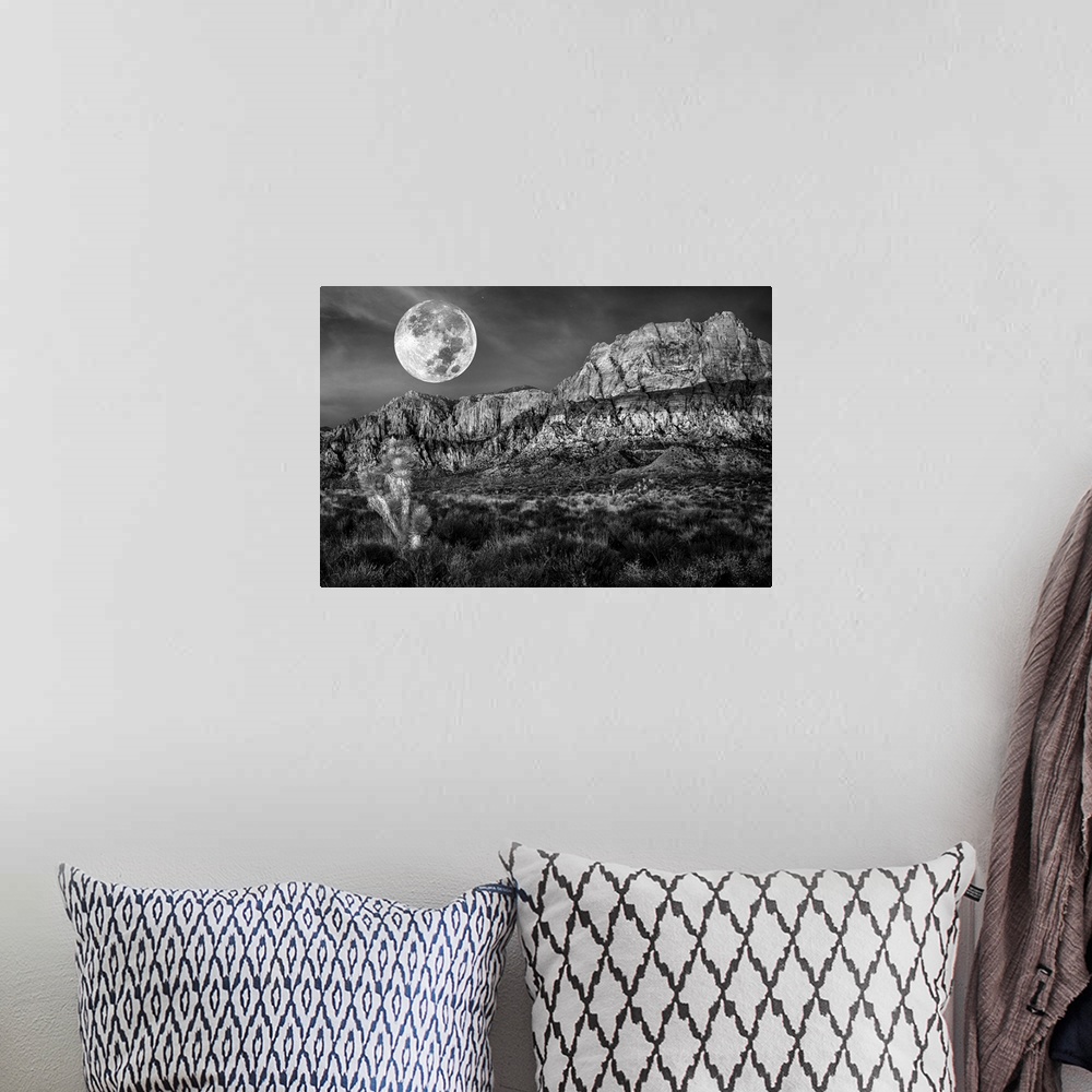A bohemian room featuring Monochrome of desert mountains and Joshua trees under a full moon.