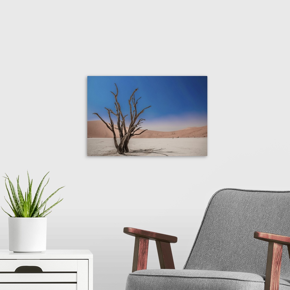 A modern room featuring Deadvlei in the Namib desert of Namibia is a dry landscape surrounded by high dunes, the cracked ...