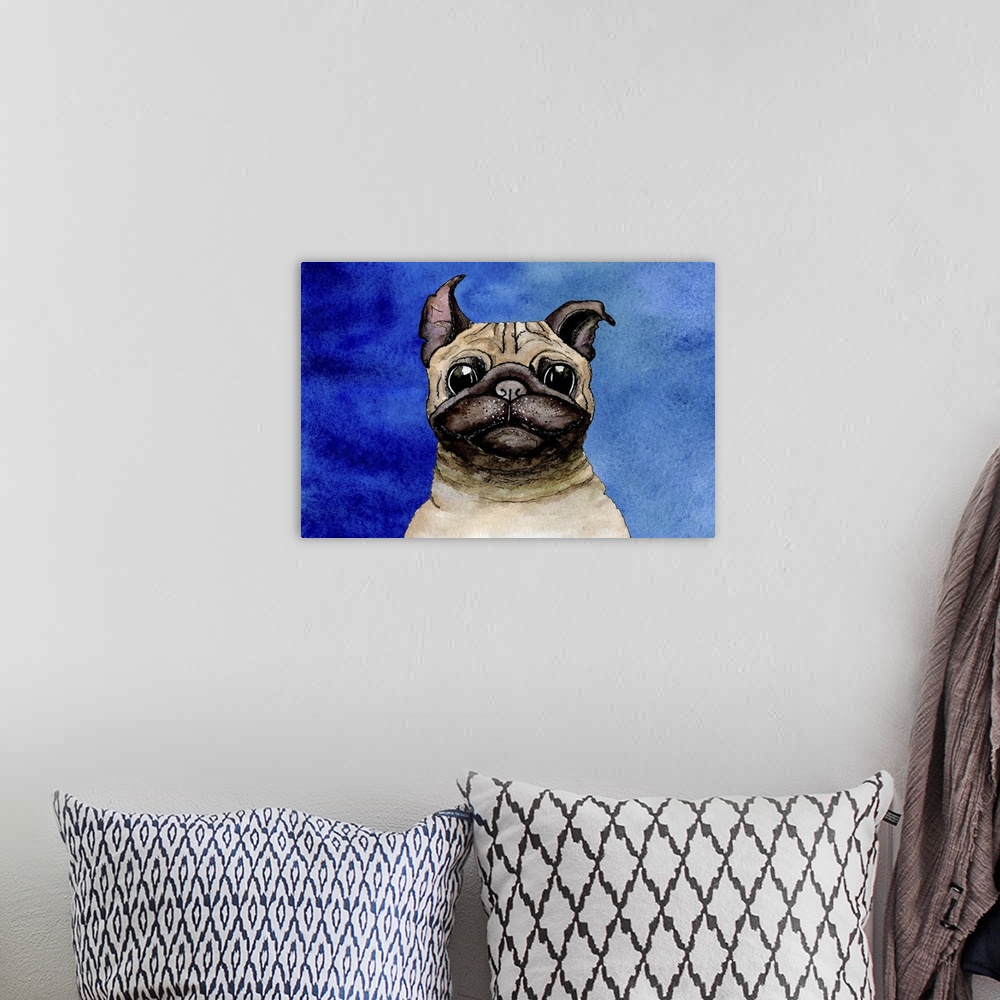 A bohemian room featuring Originally sketched and painted in watercolor: dog bulldog on blue background.